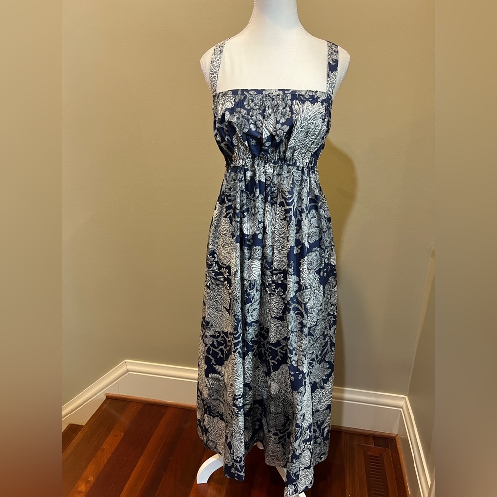 J. Crew Blue and White Print Smocked Halter Maxi Dress